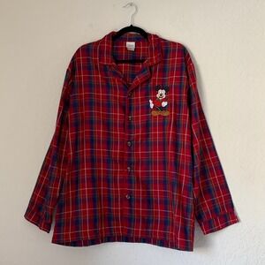 Disney Store Mickey Mouse Pajama Top Men M Red Plaid Button Holiday Festive Cozy